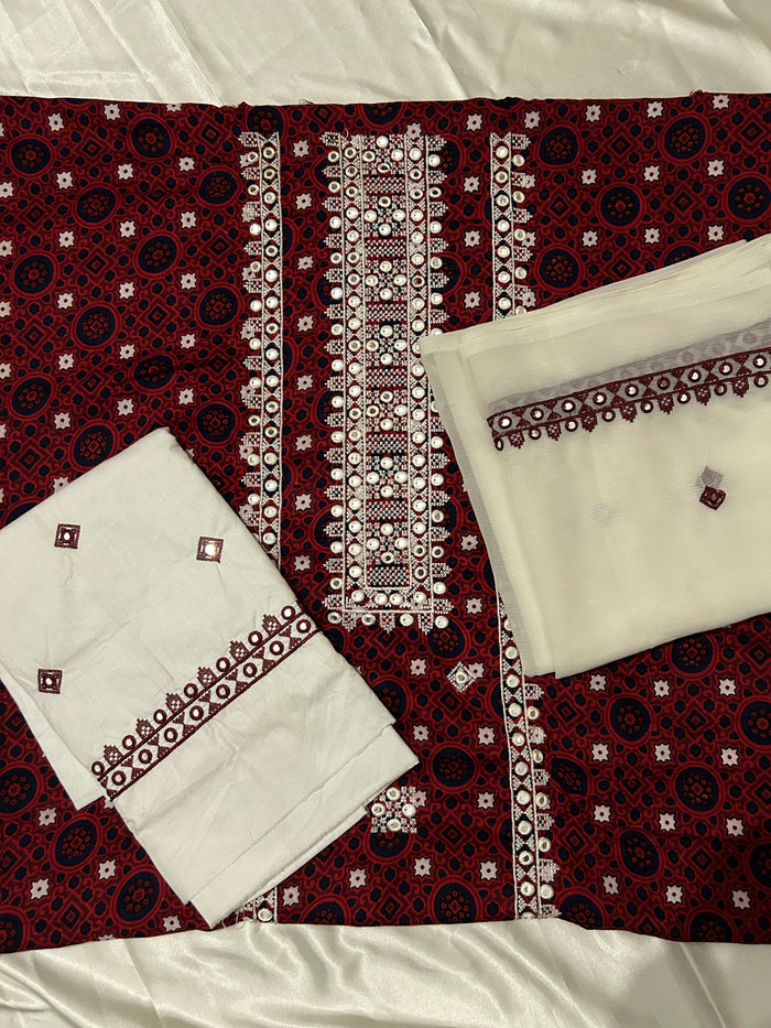 3 piece cotton ajrak base suit with 9mm kalyan work